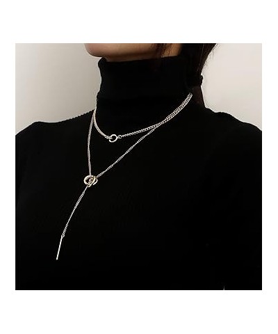 Layered Silver Necklace Choker for Women Dainty Long Bar Drop Lariat Necklace Circle Pendant Y Necklace Layering Chain Double...