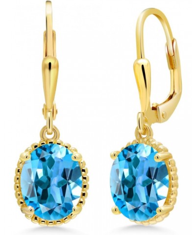 18K Yellow Gold Plated Silver Swiss Blue Topaz Leverback Dangle Earrings For Women (4.50 Cttw, Gemstone November Birthstone, ...