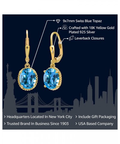 18K Yellow Gold Plated Silver Swiss Blue Topaz Leverback Dangle Earrings For Women (4.50 Cttw, Gemstone November Birthstone, ...