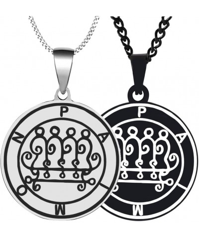 2PCS Laser Engraved Demon Hell Paimon Goetic Seal Lesser Key of King Solomon Stainless Steel Pendant Necklace Chain Silver+Bl...