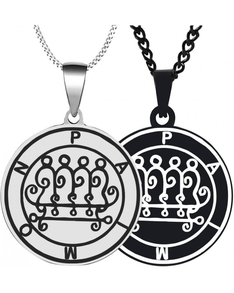 2PCS Laser Engraved Demon Hell Paimon Goetic Seal Lesser Key of King Solomon Stainless Steel Pendant Necklace Chain Silver+Bl...