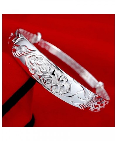 Women's 999 Solid Sterling Silver Chinese Dragon and Phoenix Carved Design Fu Character Push and Pull Sterling Silver Bracele...