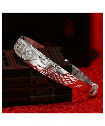 Women's 999 Solid Sterling Silver Chinese Dragon and Phoenix Carved Design Fu Character Push and Pull Sterling Silver Bracele...