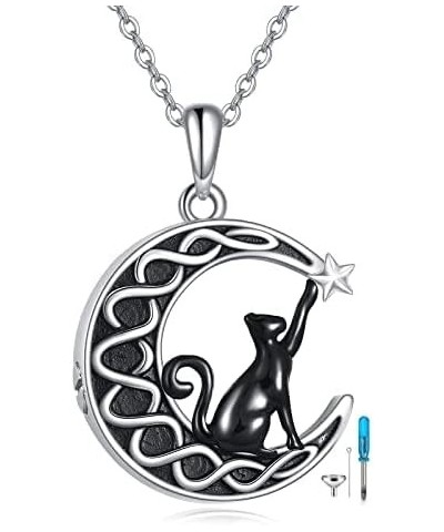 Cat Urn/Locket Necklace for Ashes Sterling Silver Black Cat Moon Pendant Keepsake Memorial Cremation Jewelry for Women (urn) ...