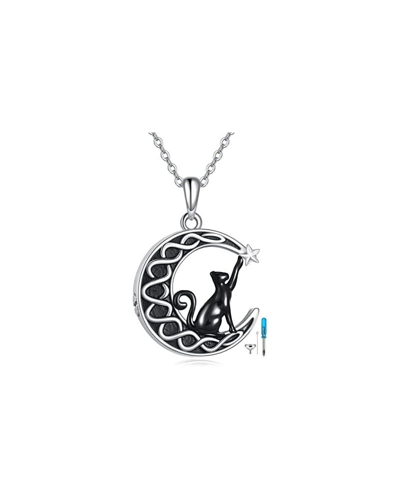 Cat Urn/Locket Necklace for Ashes Sterling Silver Black Cat Moon Pendant Keepsake Memorial Cremation Jewelry for Women (urn) ...