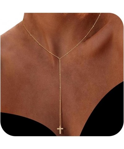 Lariat Necklace for Women Trendy, 14k Gold Plated Dainty Silver Chain Y Necklaces Long Simple Pearl Cubic Zirconia Lip Layere...