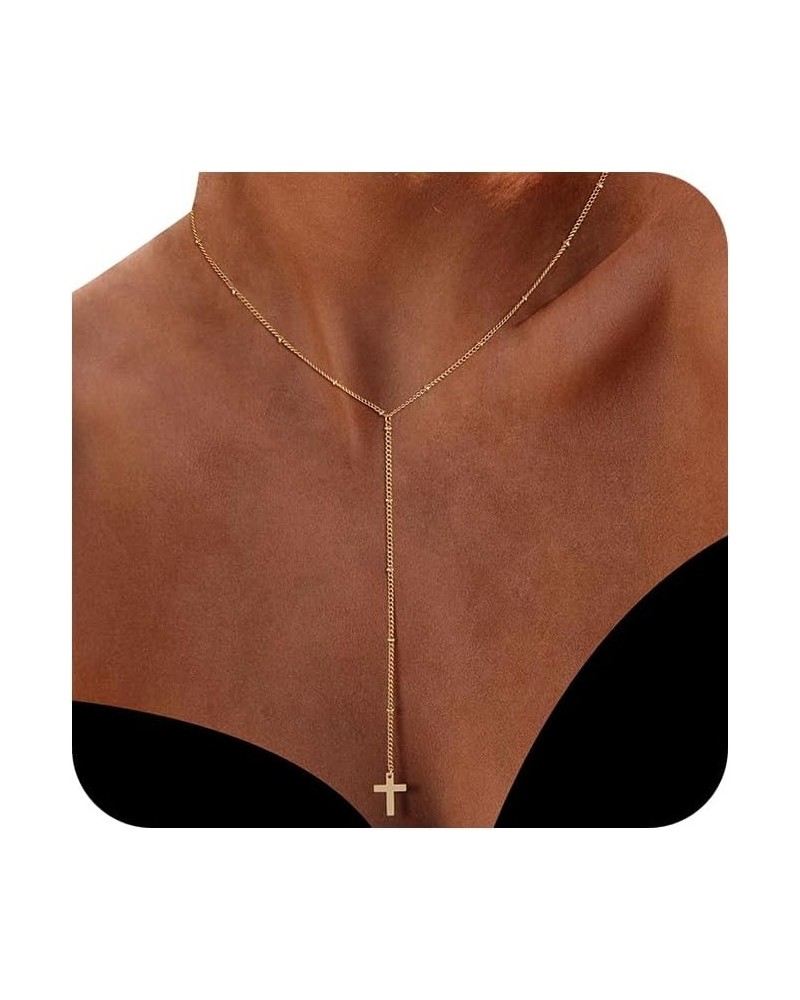 Lariat Necklace for Women Trendy, 14k Gold Plated Dainty Silver Chain Y Necklaces Long Simple Pearl Cubic Zirconia Lip Layere...