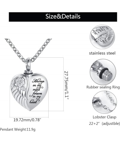 Angel Wing Heart Cremation Urn Necklaces for Ashes Flower Memorial Locket Pendant Keepsake Jewelry Engraved Always On My Mind...