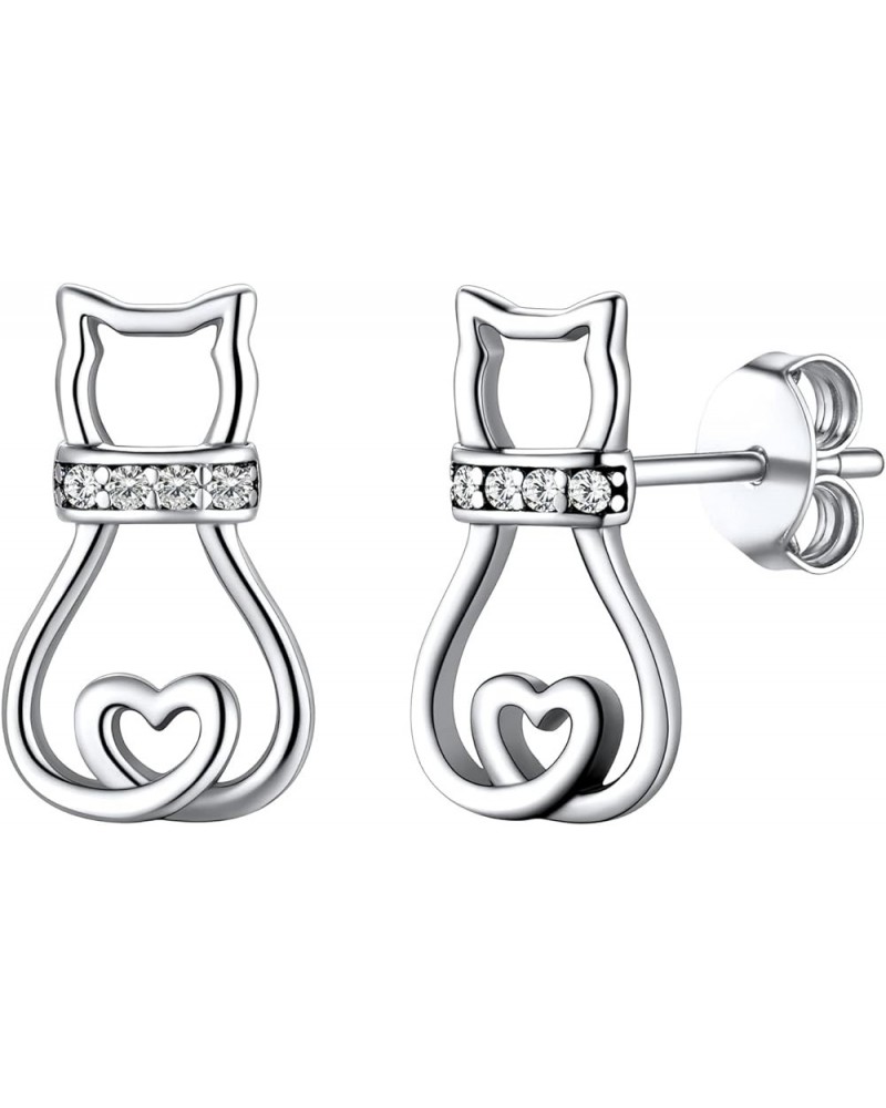 Cat Earrings for Women Girls 925 Sterling Silver Hypoallergenice Cute Lovely Animal Stud Earrings Gift for Kitten Lover C: CZ...