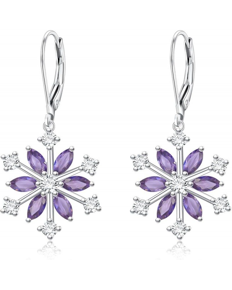 Snowflake Jewerly Sterling Silver Winter Accessory Sparkle Cubic Zirconia Flower Leverback Earrings for Women Girls Purple $1...