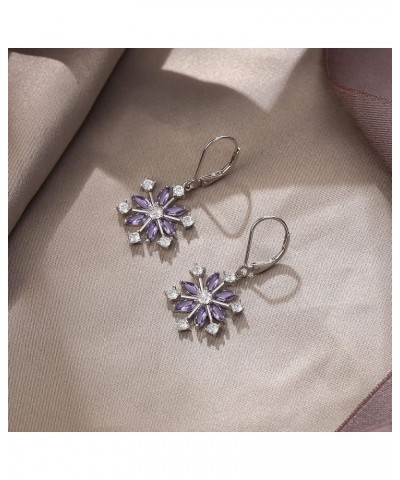 Snowflake Jewerly Sterling Silver Winter Accessory Sparkle Cubic Zirconia Flower Leverback Earrings for Women Girls Purple $1...