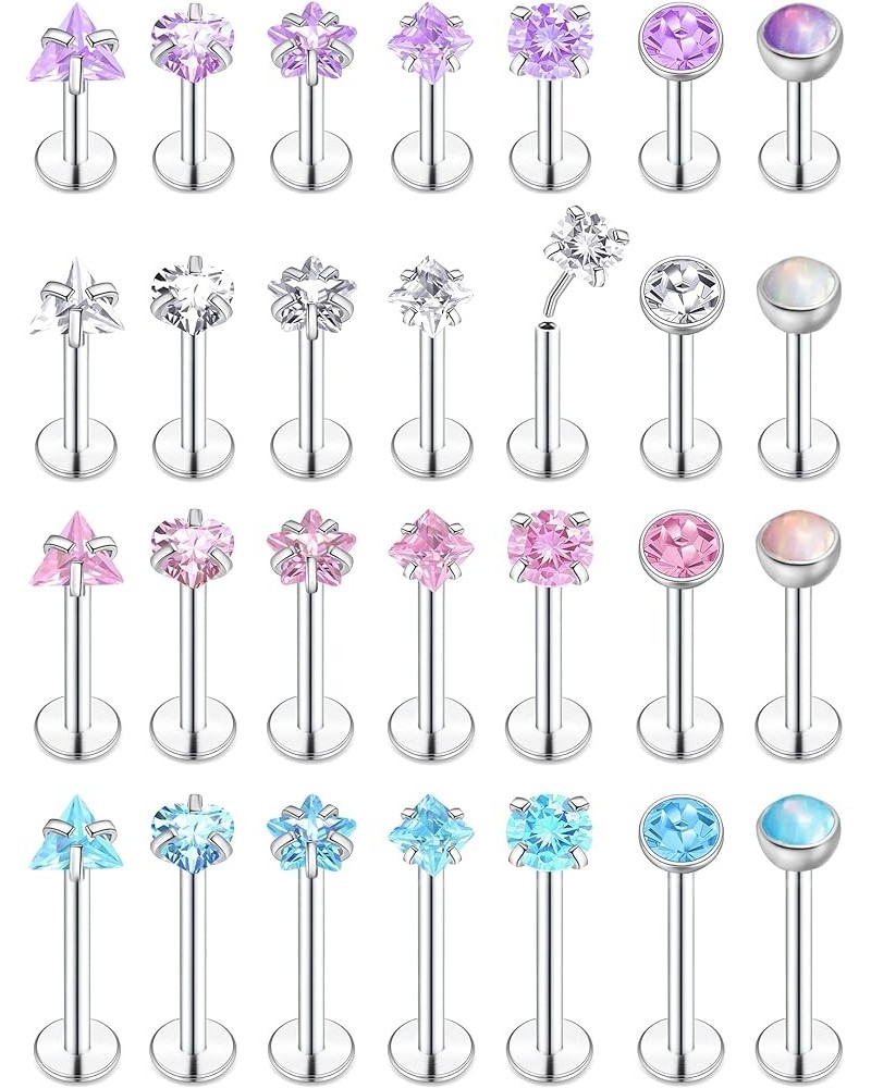 28Pcs 20G 18G 16G Push in Lip Rings Stainless Steel Labret Jewelry Monroe Opal CZ Cartilage Daith Tragus Helix Earrings Studs...