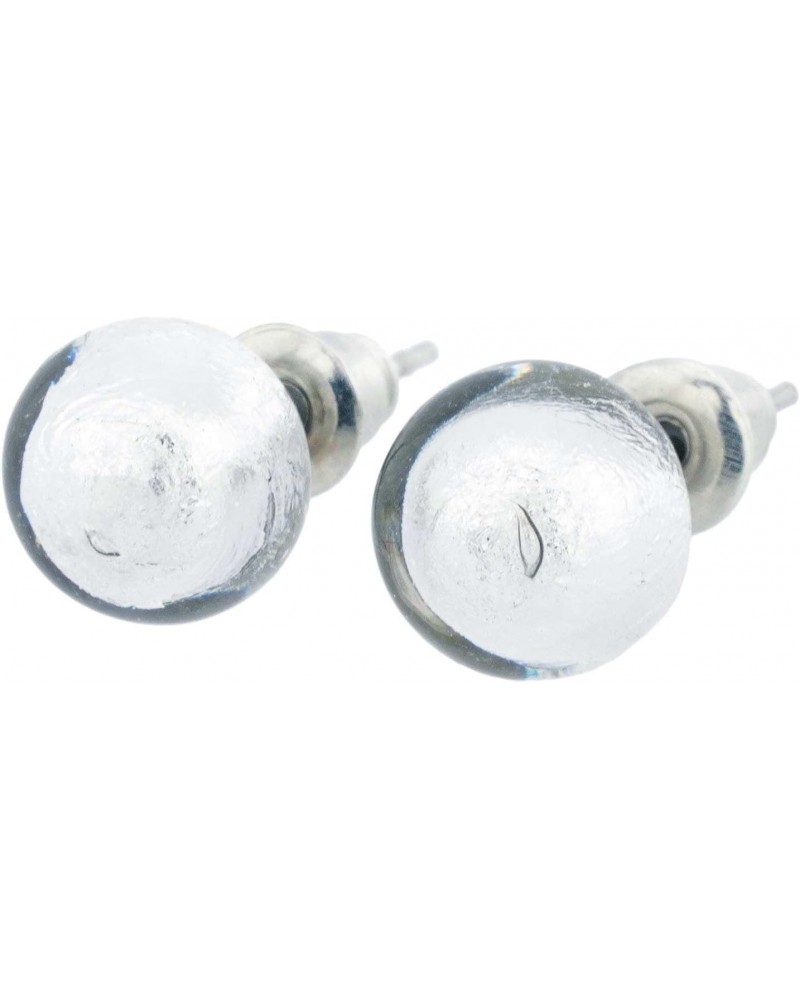 Murano Glass Earrings Studs - 1/4-Inch Round Stud Earrings in Silver White Lined with Silver Leaf. Blown Glass - Murano Glass...