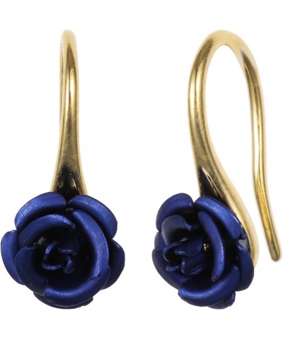 18K Gold Plated Realistic Blooming Rose Dangle Earrings for Women Multiple Colors,10mm Navy Blue-Gold $9.00 Earrings