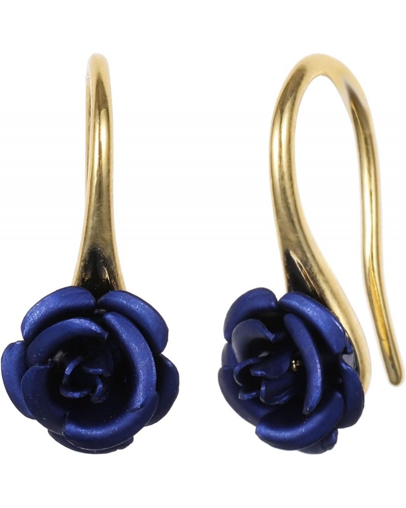 18K Gold Plated Realistic Blooming Rose Dangle Earrings for Women Multiple Colors,10mm Navy Blue-Gold $9.00 Earrings