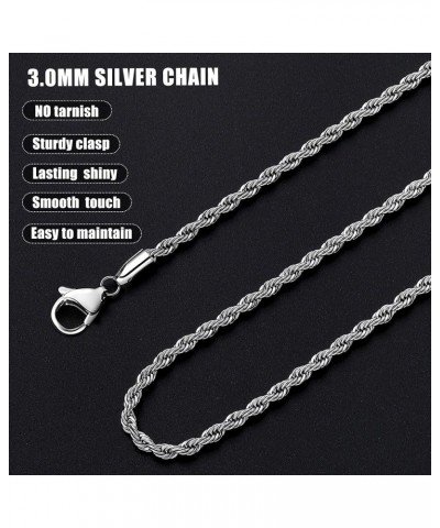 3mm Rope Chain Necklace for Men, Silver Tone Mens Chain Necklace, Stainless Steel Necklace Chain for Men Women and Boys 20.0 ...