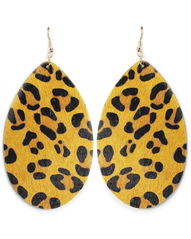 Oversize Boho Genuine Hair on Hide leather Leopard Cheetah Light weight Teardrop Dangle Earring for Women and Girls. MUSTARD ...