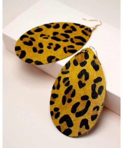 Oversize Boho Genuine Hair on Hide leather Leopard Cheetah Light weight Teardrop Dangle Earring for Women and Girls. MUSTARD ...