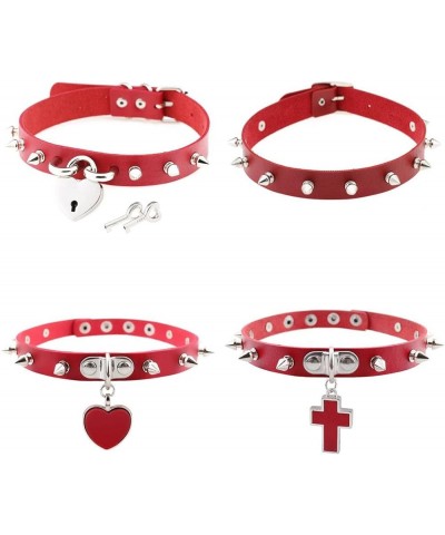 4Pcs Harajuku Rivets Choker PU Leather Collar Gothic Necklace Adjustable Size Neck Accessories 01-Red $10.77 Necklaces