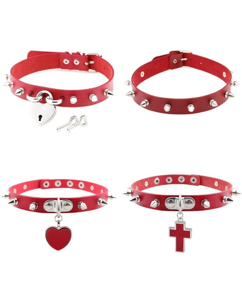 4Pcs Harajuku Rivets Choker PU Leather Collar Gothic Necklace Adjustable Size Neck Accessories 01-Red $10.77 Necklaces