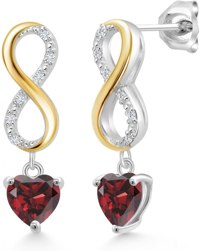 925 Sterling Silver and 10K Yellow Gold Red Garnet and White Lab Grown Diamond Infinity Dangle Earrings For Women (1.26 Cttw,...