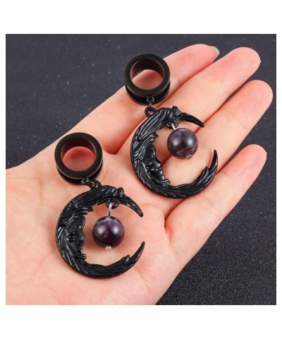 2 PCS 6mm-25mm (2G-1") Black Moon Stone Dangle Ear Gauges Hypoallergenic Stainless Steel Ear Dangle Hanger Plugs Tunnels Body...