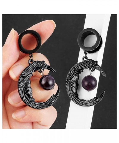 2 PCS 6mm-25mm (2G-1") Black Moon Stone Dangle Ear Gauges Hypoallergenic Stainless Steel Ear Dangle Hanger Plugs Tunnels Body...