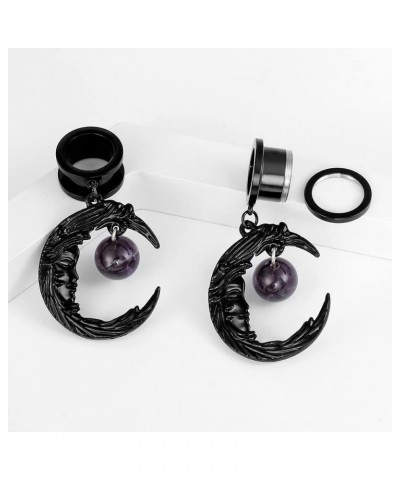 2 PCS 6mm-25mm (2G-1") Black Moon Stone Dangle Ear Gauges Hypoallergenic Stainless Steel Ear Dangle Hanger Plugs Tunnels Body...