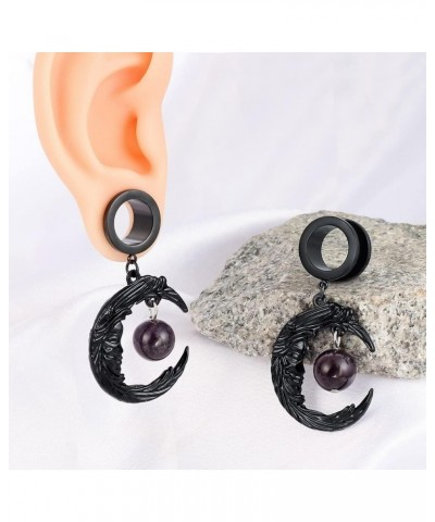 2 PCS 6mm-25mm (2G-1") Black Moon Stone Dangle Ear Gauges Hypoallergenic Stainless Steel Ear Dangle Hanger Plugs Tunnels Body...