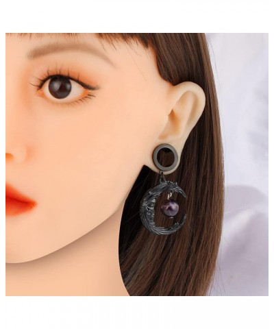 2 PCS 6mm-25mm (2G-1") Black Moon Stone Dangle Ear Gauges Hypoallergenic Stainless Steel Ear Dangle Hanger Plugs Tunnels Body...