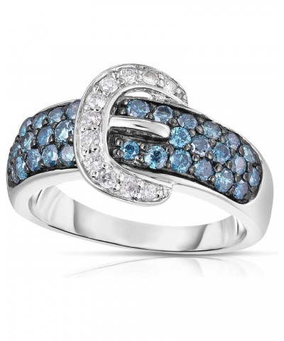 Bellisa Statement Ring - 1 Carat Blue & White Diamonds Buckle Ring in Sterling Silver, Size 7, Hypoallergenic $81.28 Rings