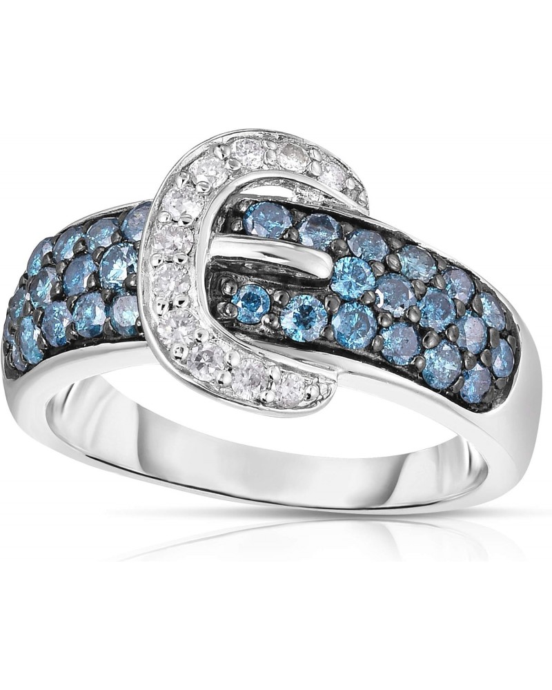 Bellisa Statement Ring - 1 Carat Blue & White Diamonds Buckle Ring in Sterling Silver, Size 7, Hypoallergenic $81.28 Rings