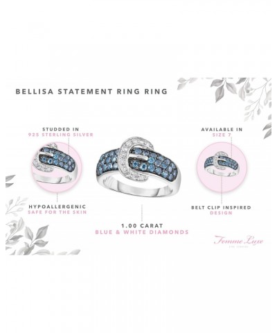 Bellisa Statement Ring - 1 Carat Blue & White Diamonds Buckle Ring in Sterling Silver, Size 7, Hypoallergenic $81.28 Rings