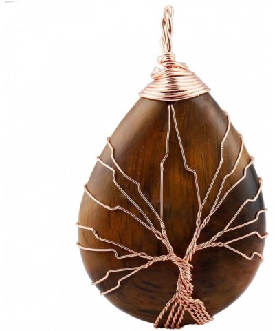 Teardrop Stone Tree of Life Pendant Necklace, Handmade Copper Wire Wrapped Jewelry, Healing Chakra Brown $12.98 Necklaces