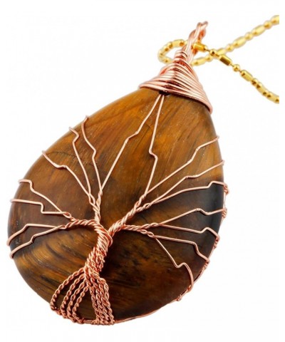 Teardrop Stone Tree of Life Pendant Necklace, Handmade Copper Wire Wrapped Jewelry, Healing Chakra Brown $12.98 Necklaces