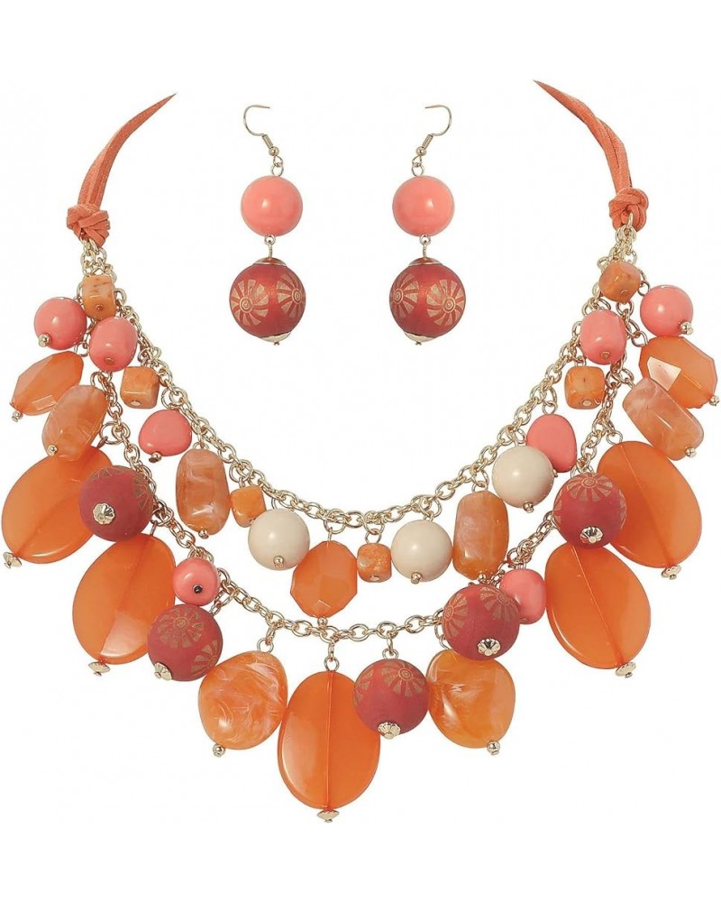 2 Layer Statement Necklace Chunky Beaded Fashion Necklace for Women Gifts Coral Pink $13.49 Necklaces