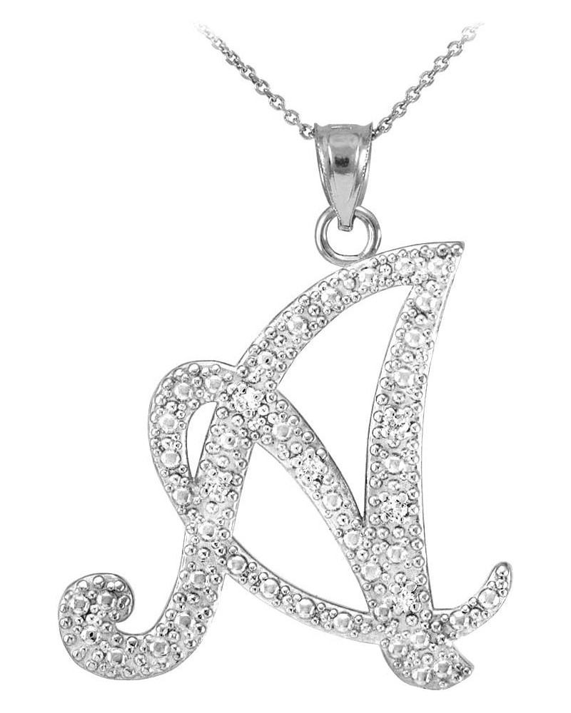 14K White Gold Diamond Accented Dangling Cursive Initial A-Z Charm 4/5" Pendant Necklace - Choice of Letter & Chain Length 18...