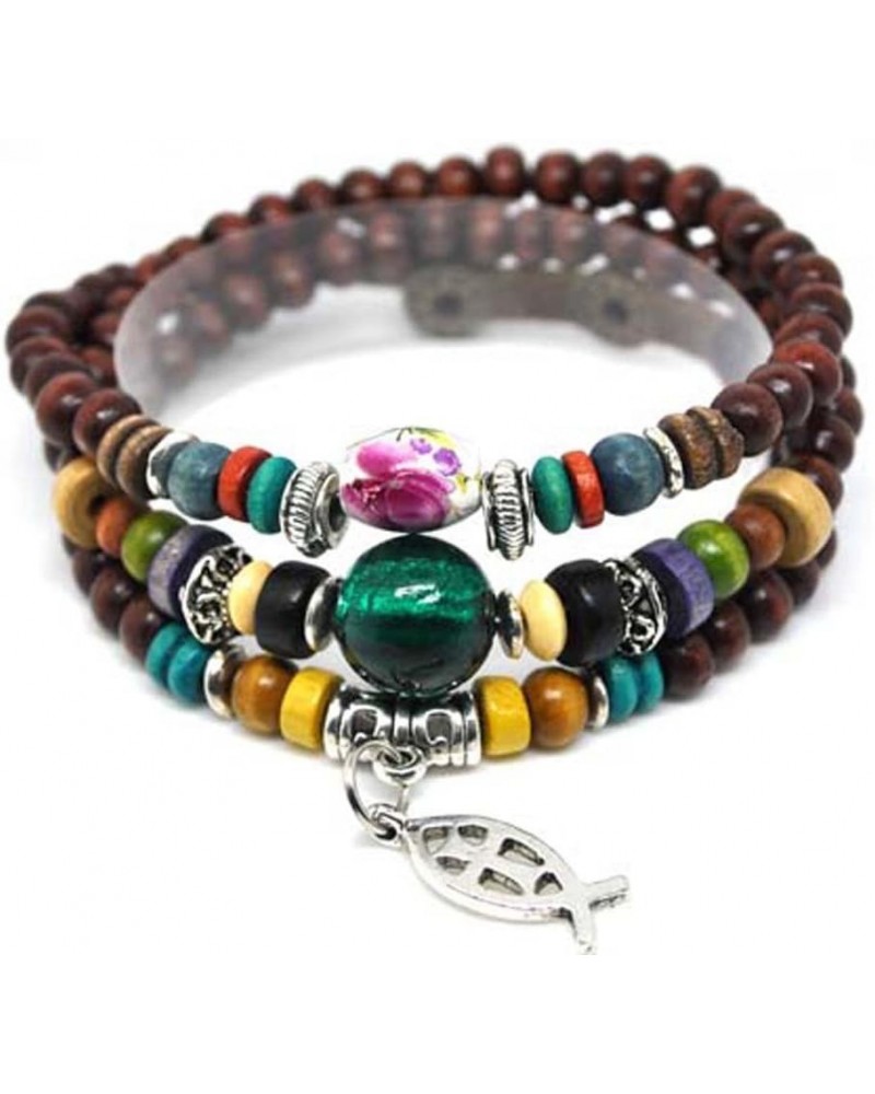 4030061 Wood Bead Fish & Cross Wrap Bracelet Christian Religious Inspirational Beaded $8.39 Bracelets