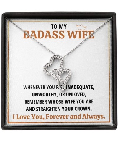 Wife Necklace Gift From Husband To My Badass Wife Double Hearts Pendant Valentines Day Anniversary Jewelry with Message Card ...