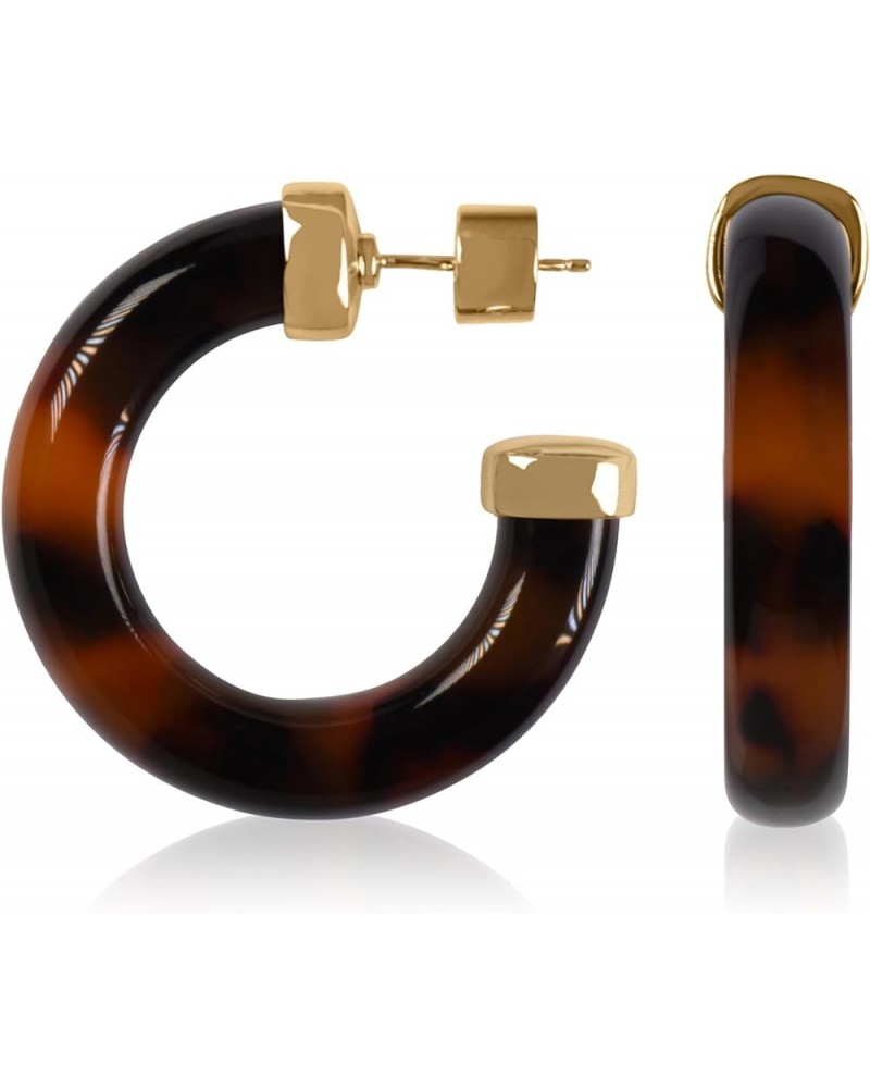 Yellow Gold Plated Sterling Silver Color Resin Chunky Open Hoop Earrings for Women 37.5MM (1.48") Diameter Brown - Tortoise (...