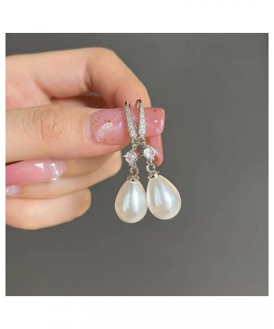 Pearl Drop Earrings Sparkling Crystal Teardrop Dangle Stud Earrings White Gold Plated Rhinestones Bridal Pearl Hoop Earrings ...