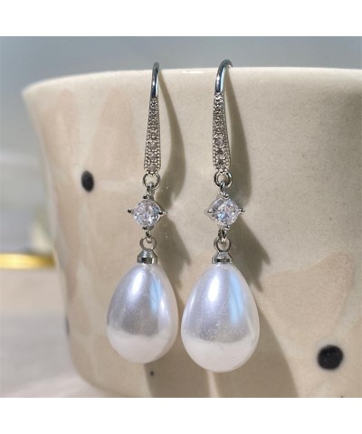 Pearl Drop Earrings Sparkling Crystal Teardrop Dangle Stud Earrings White Gold Plated Rhinestones Bridal Pearl Hoop Earrings ...