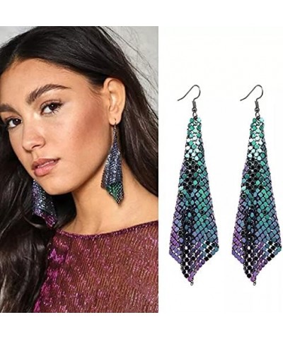 Metal Mesh Grid Sequins Tassel Long Drop Dangle Earrings for Women Girls, Long Hook Lightweight Earrings, Disco Vintage Mesh ...