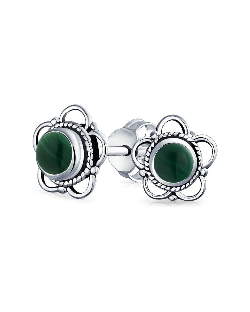 Bali Indonesian Tiny Open Genuine Gemstone Birthstone Flower Stud Earrings For Women Teens Oxidized .925 Sterling Silver Gree...