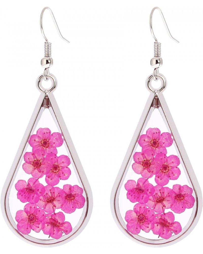 Pressed Flower Teardrop Earrings Dry Flowers Drop Dangle Fashion Jewelry Hot Pink Multi $8.50 Earrings