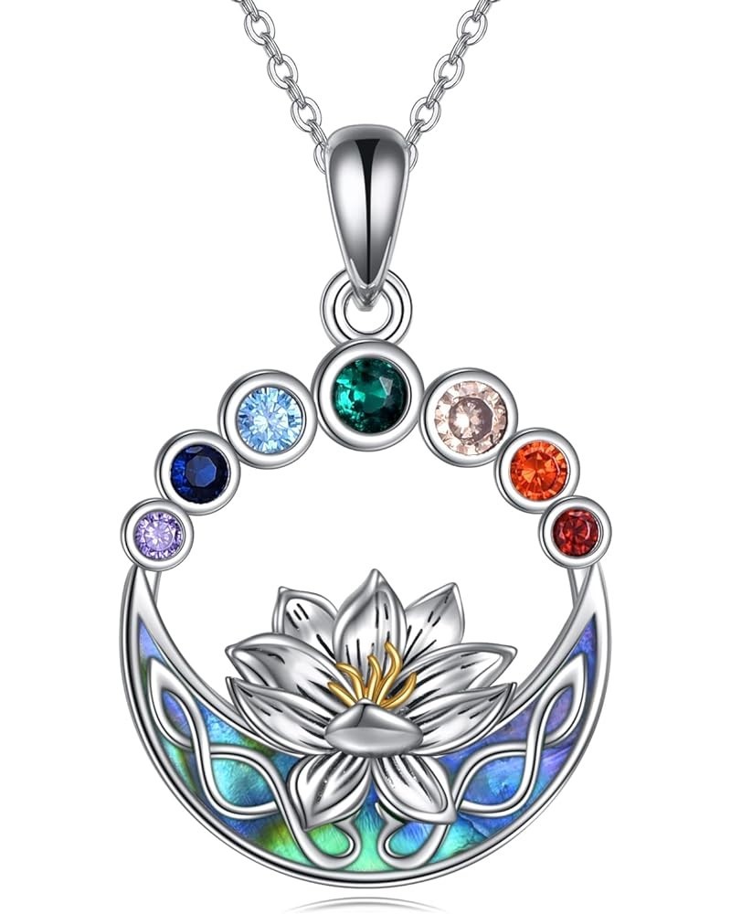 Chakra Necklace Sterling Silver Lotus Flower Celtic Knot Pendant Necklace Healing Yoga Jewelry Birthday Christmas Gifts for W...