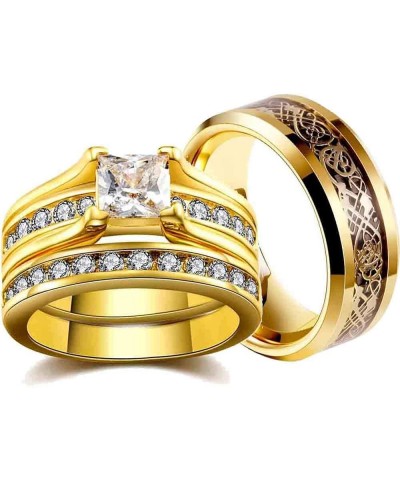 Couple Rings Yellow Gold Plated Princess 8 * 8 Cz Womens Wedding Ring Sets Titanium Steel Men Wedding Bands(Please Buy 2 Ring...