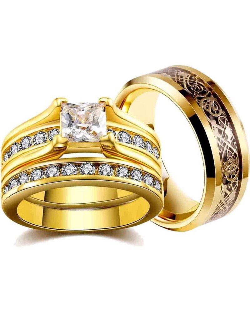 Couple Rings Yellow Gold Plated Princess 8 * 8 Cz Womens Wedding Ring Sets Titanium Steel Men Wedding Bands(Please Buy 2 Ring...