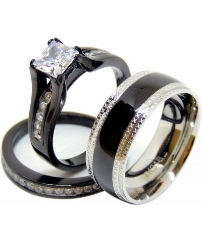 His & Hers 3 PCS Black IP Stainless Steel Princess Cut CZ Engagement Ring Set Mens Matching Band Size Women's 07 Men's 10 $18...