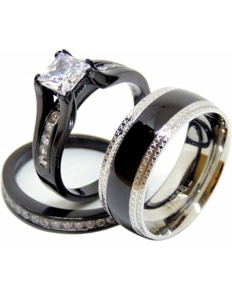 His & Hers 3 PCS Black IP Stainless Steel Princess Cut CZ Engagement Ring Set Mens Matching Band Size Women's 07 Men's 10 $18...